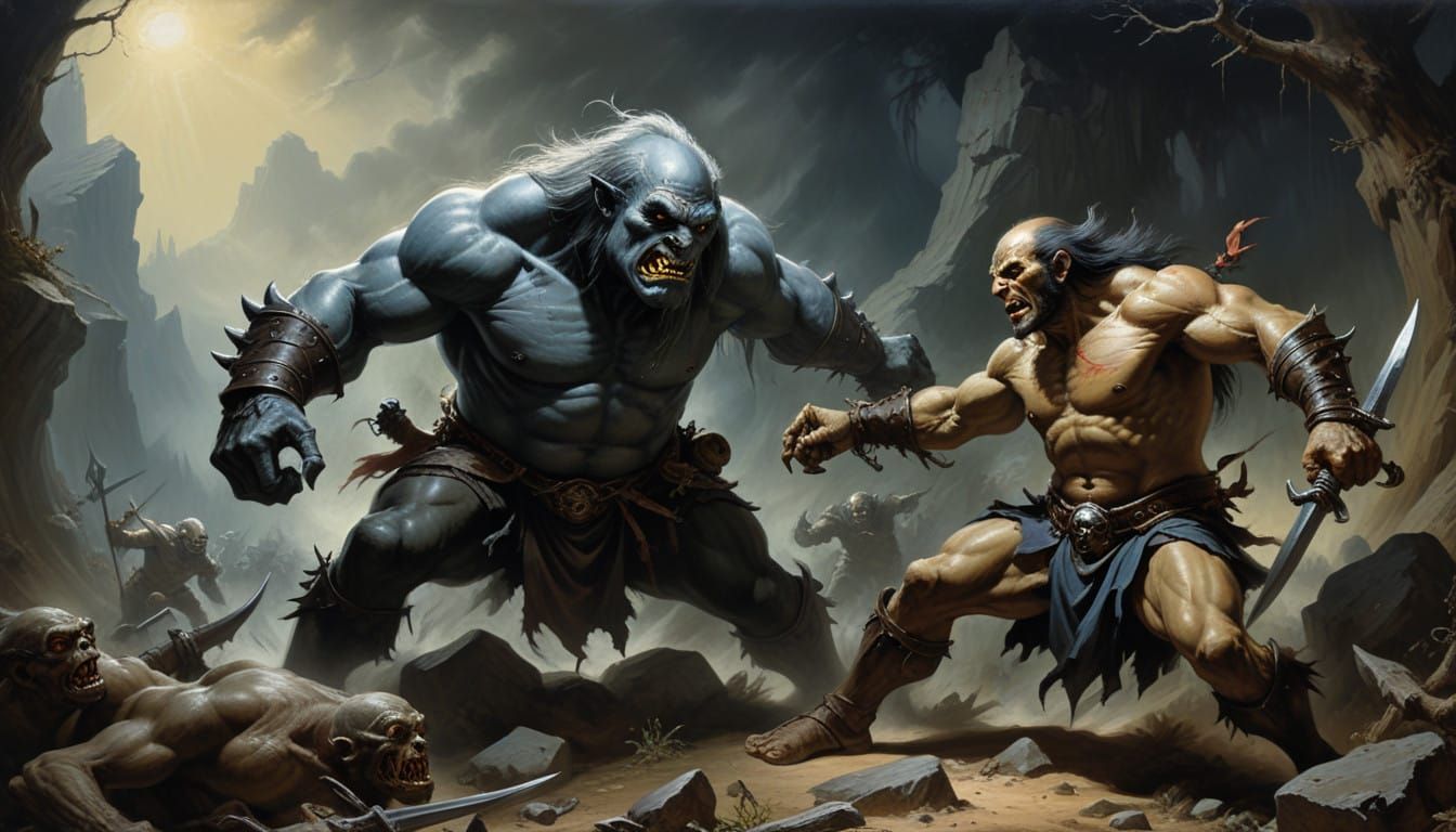 Fiercely Lit Drow Rogue Battles Ogre in Dramatic Oil Paintin...