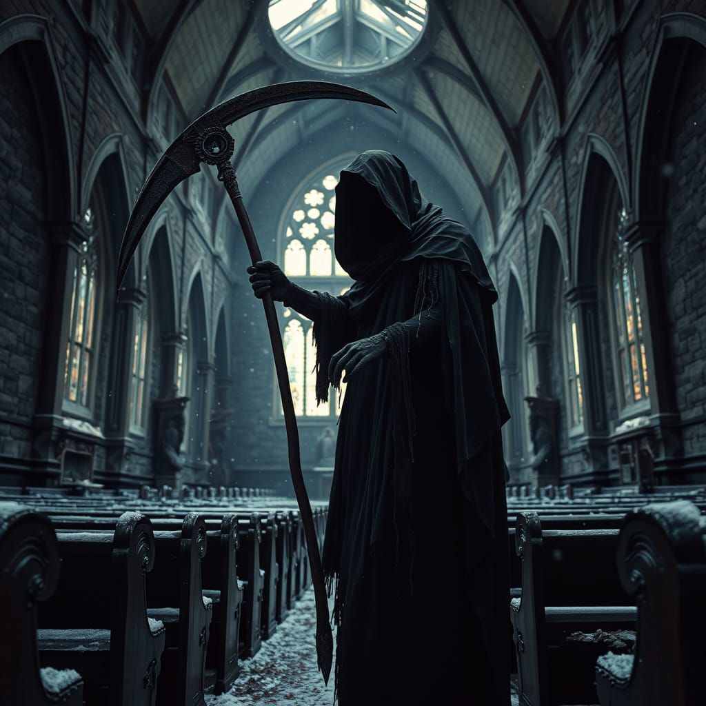 Grim Reaper in Haunted Church, Winter Scene, Dark Cinematic ...