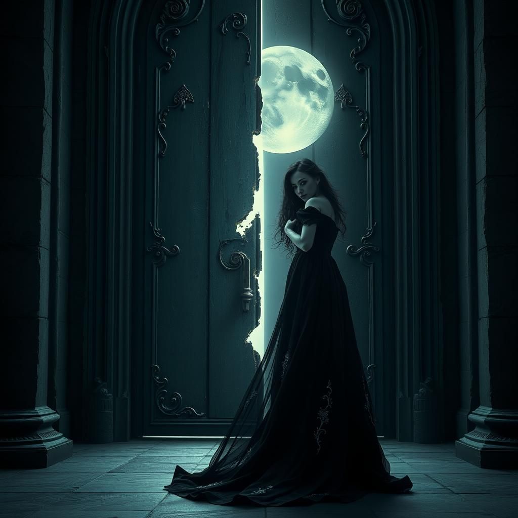 Ethereal Woman at Threshold of Light and Darkness