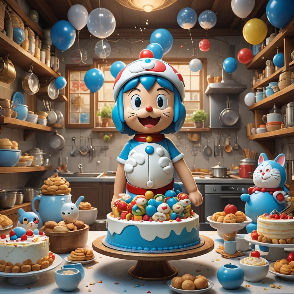 Doraemon Cake Portrait in Hyperdetailed Kitchen Setting