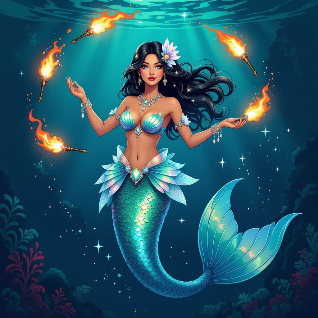 Mystical Mermaid Juggling Flaming Daggers