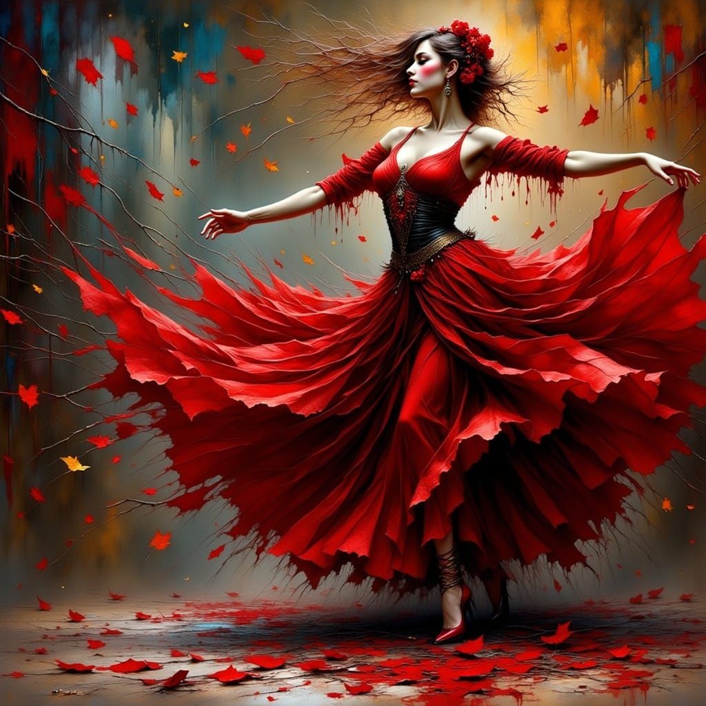 Dynamic Red Dancer in Ink Wash Style