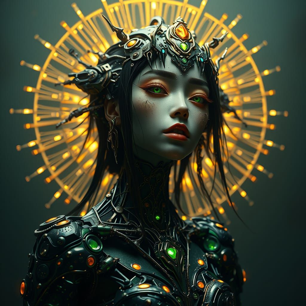 Biomechanical Emerald Woman Portrait in Giger Style