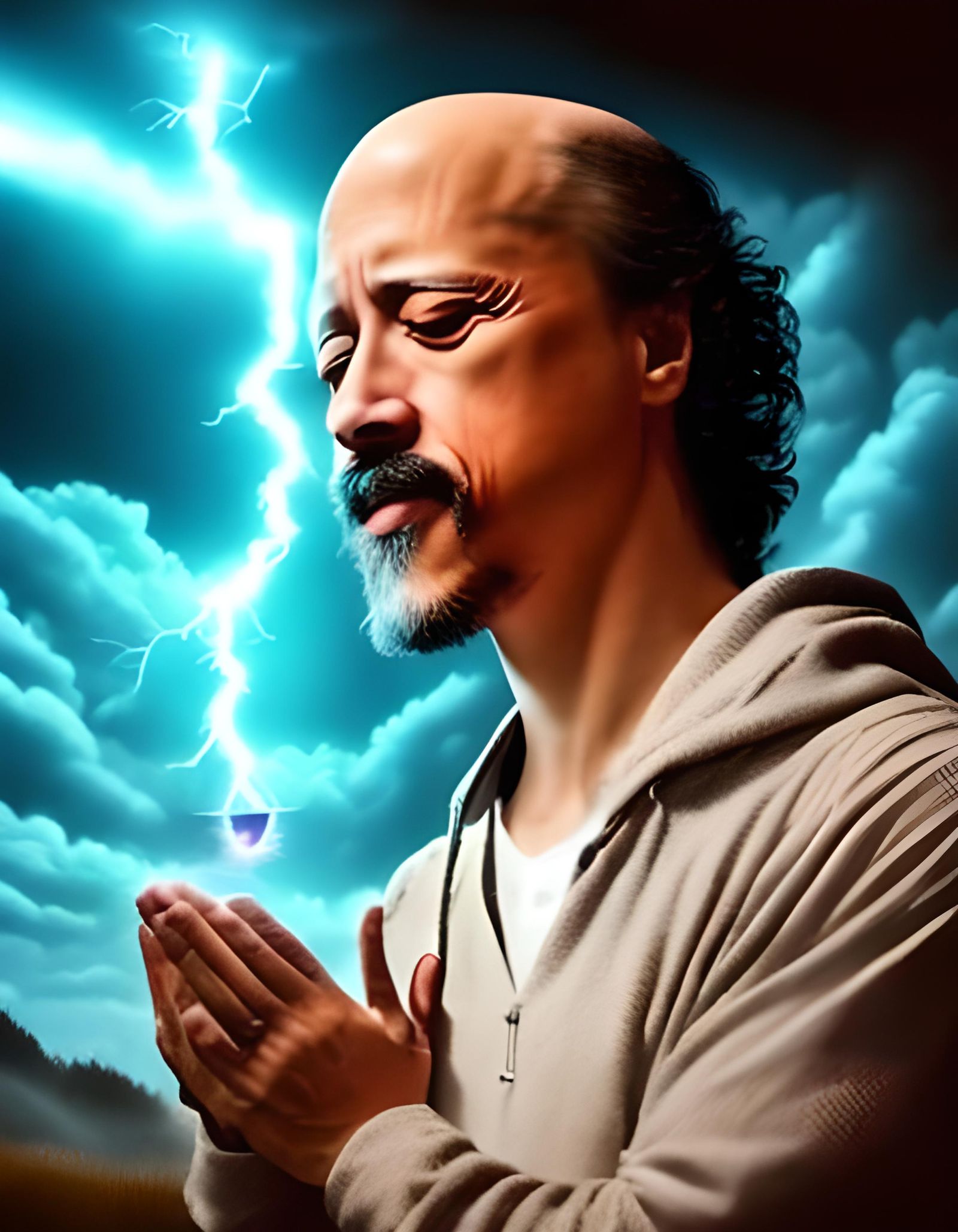 Man Meditating in Wildflower Field During Lightning Storm