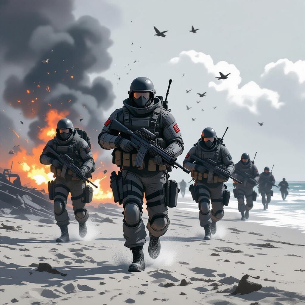 Futuristic Soldiers Storming Normandy Beach in Gritty Realis...