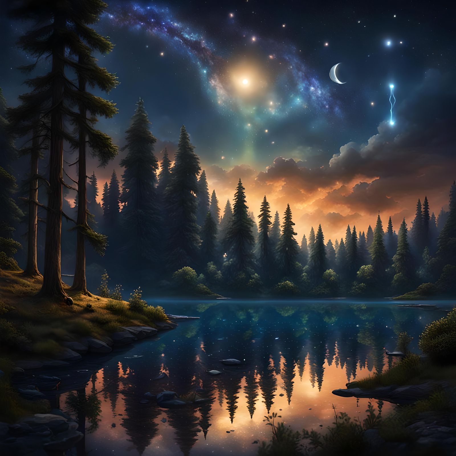 Starry Night Tear Falls on Forest Lake