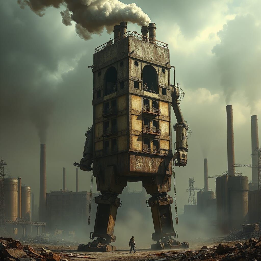 Dieselpunk Factory Golem in Industrial Wasteland