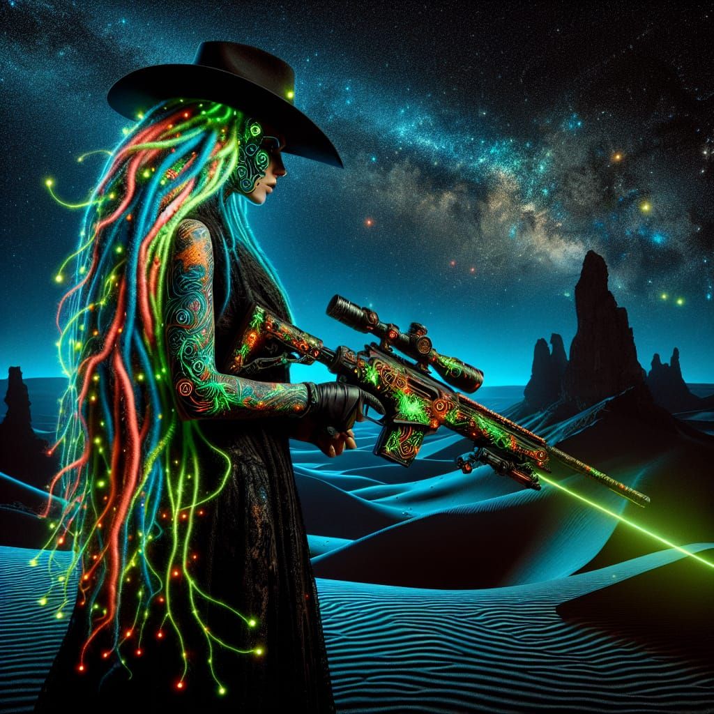 Cybernetic Goth Cowgirl in Cosmic Desert