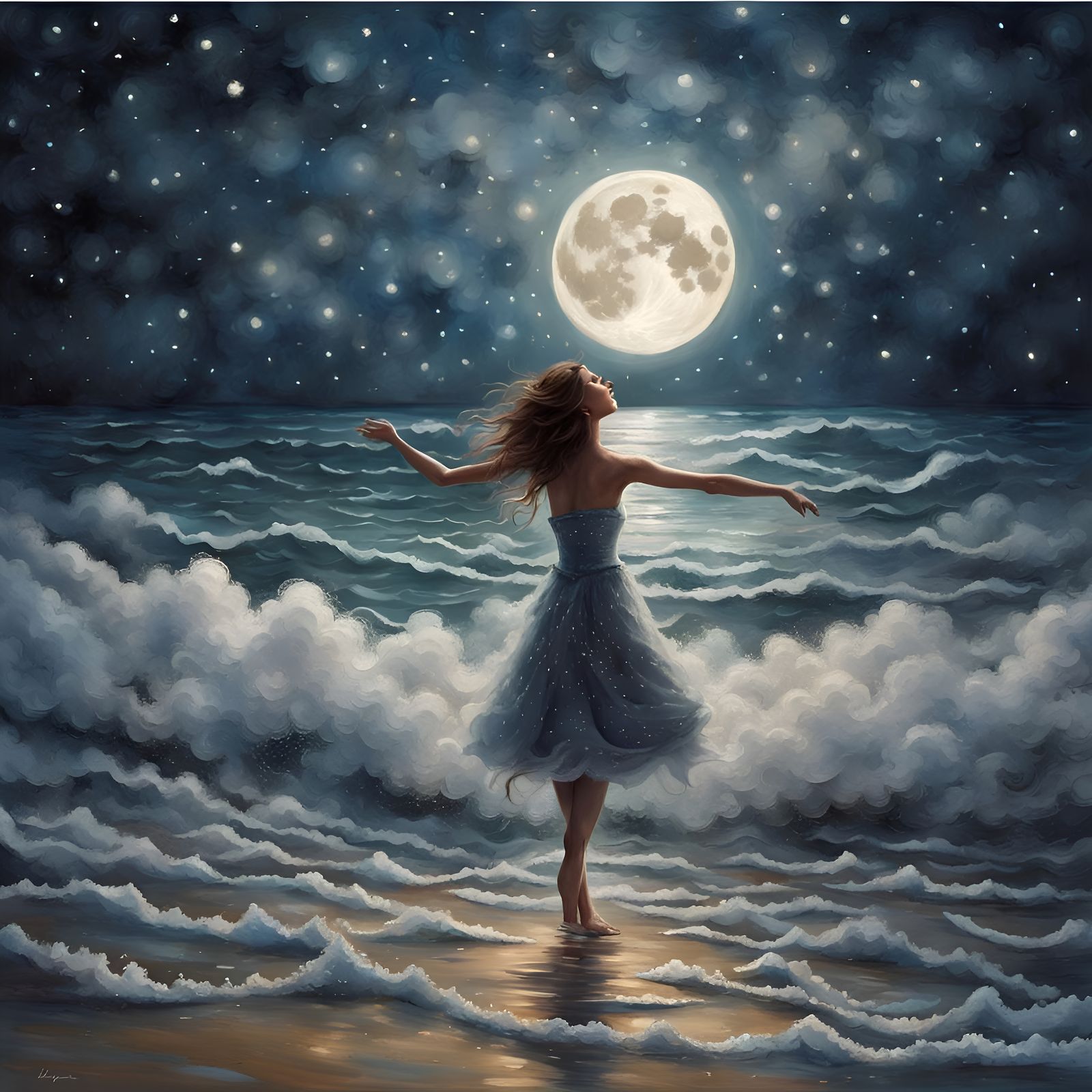 Dreamy Beach Scene with Moonlit Waves