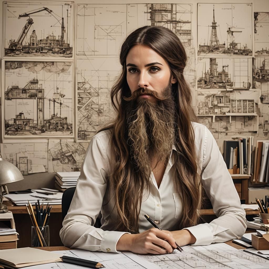 Architect with a Beard at Her Desk
