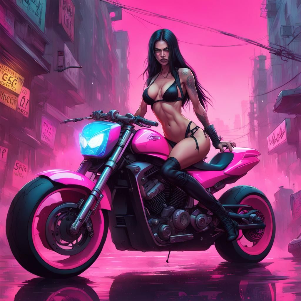Cyberpunk Vampire Girl on Motorcycle, Graffiti Art
