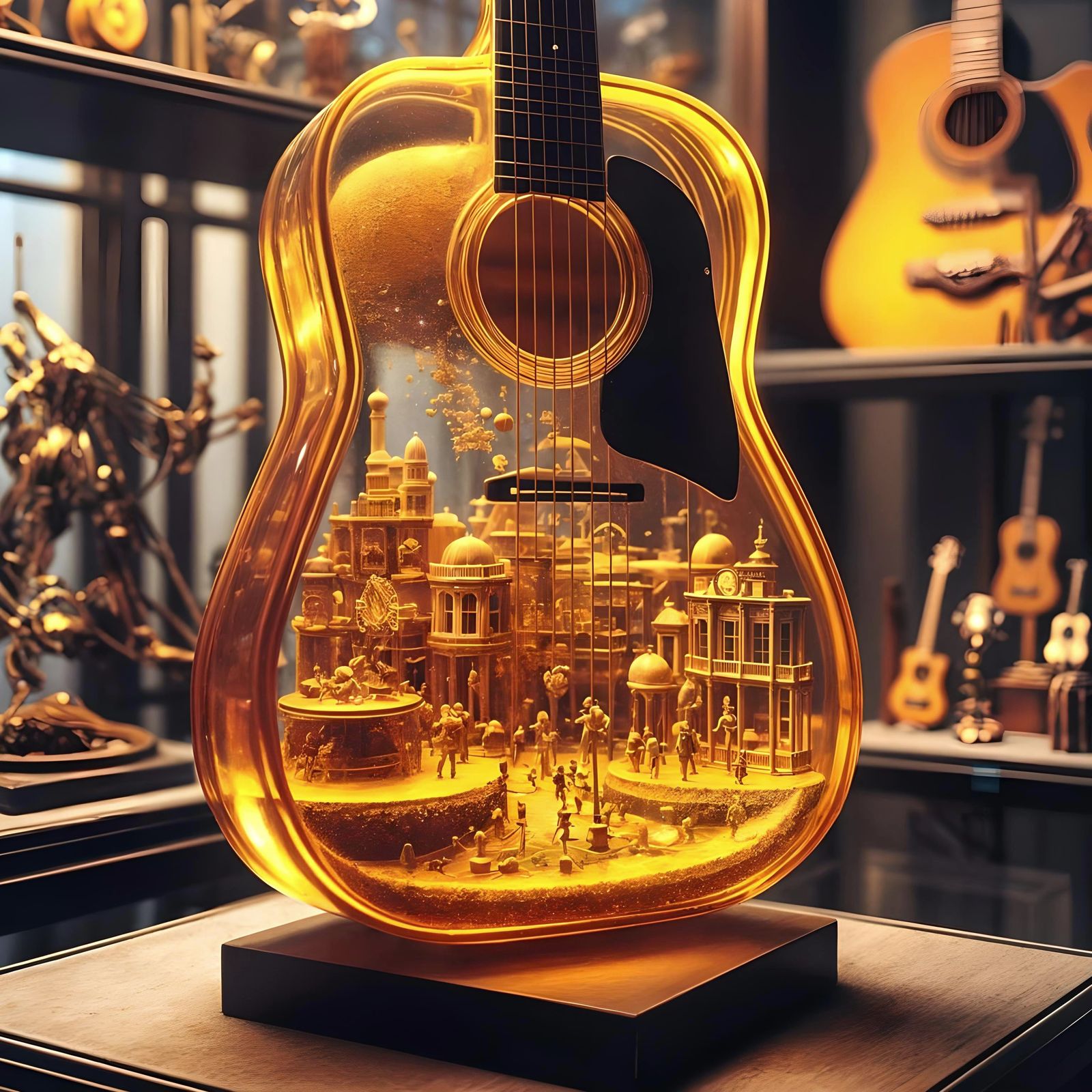 Golden Glass Guitar Displaying a Tiny World