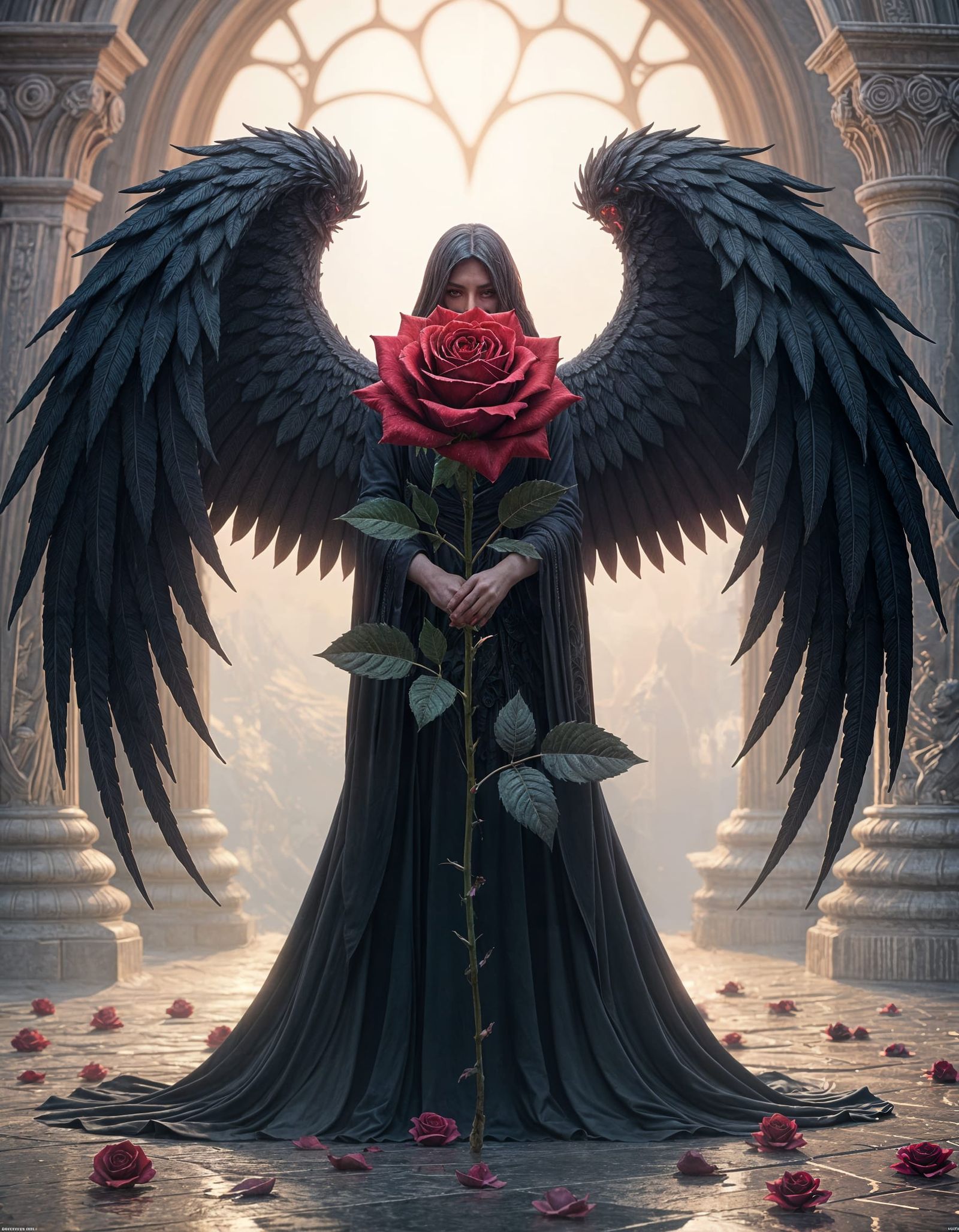 Dark Angel Holding Cursed Rose Detailed Matte Painting