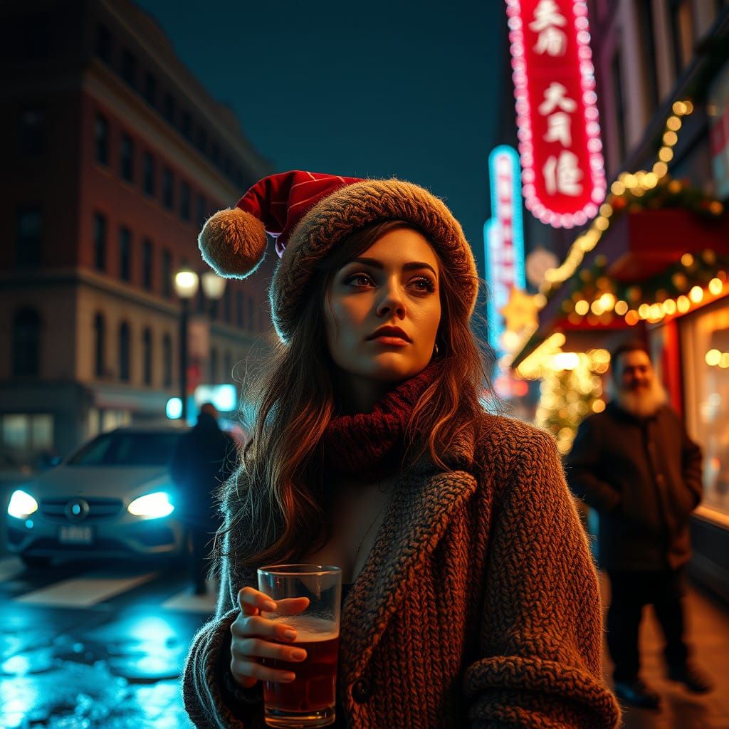Hyperrealistic Dystopian Woman Stumbles through a Christmas...