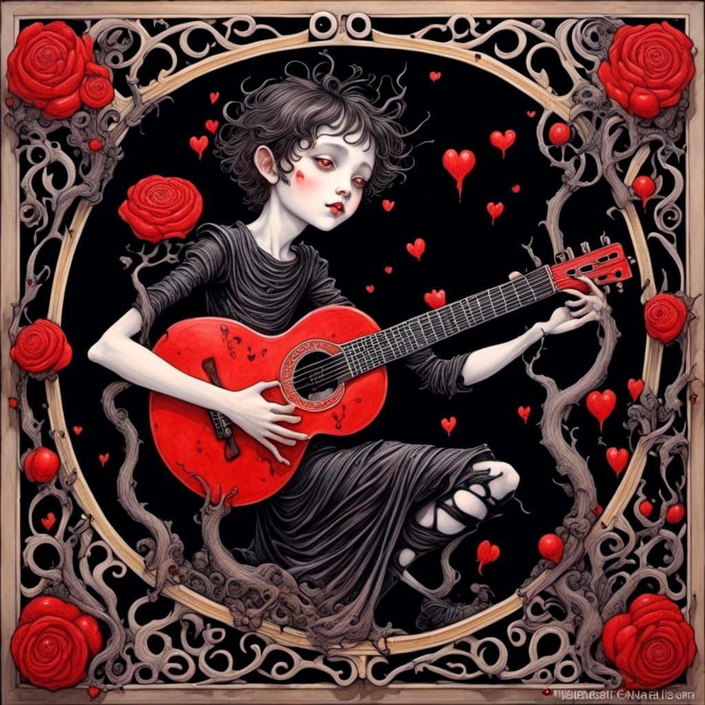 Creepy Fairy Boy Playing Guitar in Art Deco Style