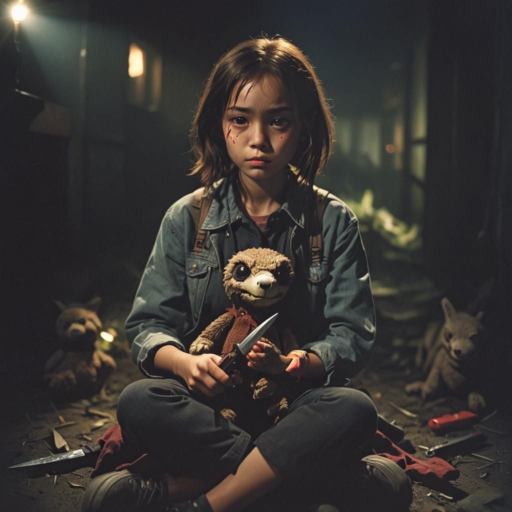 Eerie Girl with Knife in Dark, Cinematic Still