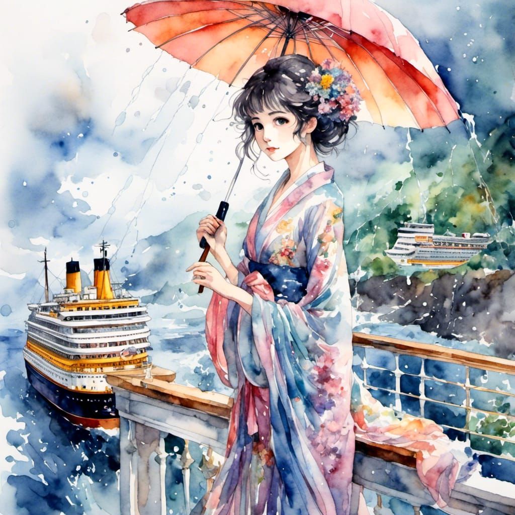 Woman on Liner in Rainy Watercolor Style
