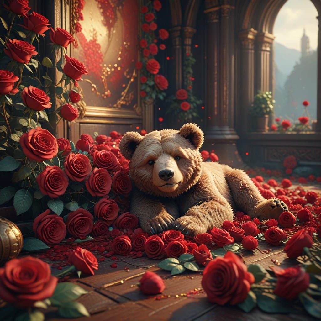Whimsical Teddy Bear in a Dreamy Rose Haven