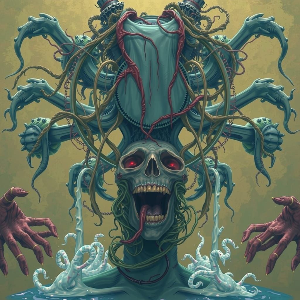 Macabre Water Wheel in Biomechanical Surrealism Style