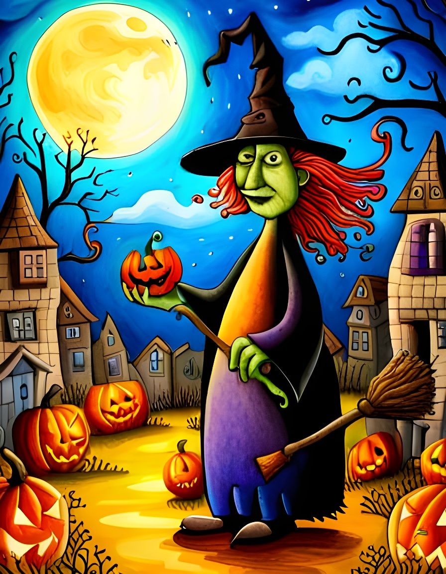 Festive Halloween Witch in Cubist Aquarelle Style