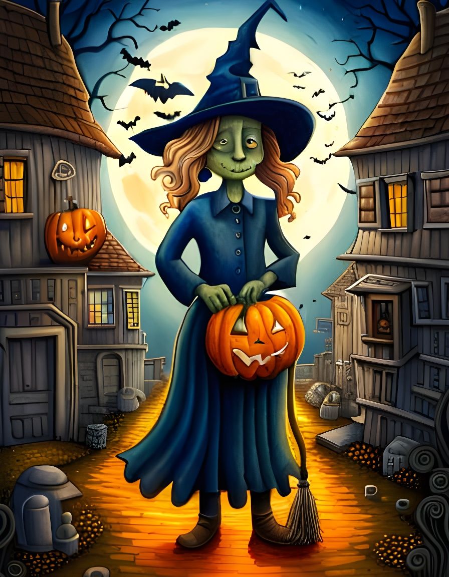 Happy Halloween Witch in Cubist Aquarelle Style