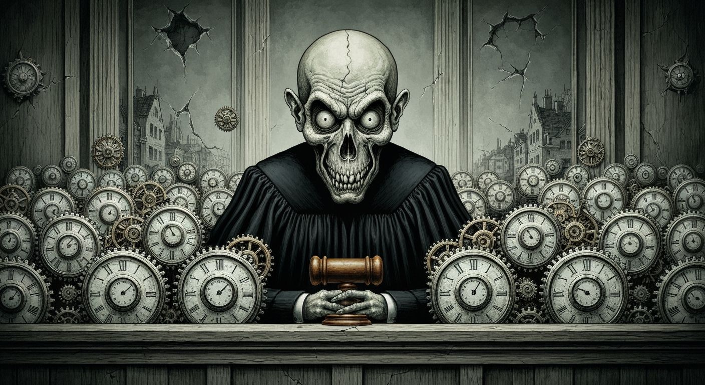 Grotesque Judge Presides Over Clockwork Jury in Dada Satire