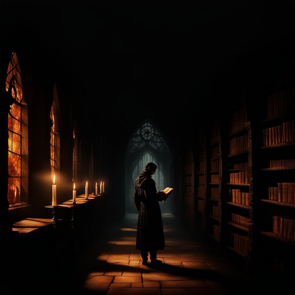 Gothic Library Scene with Figure Holding Book