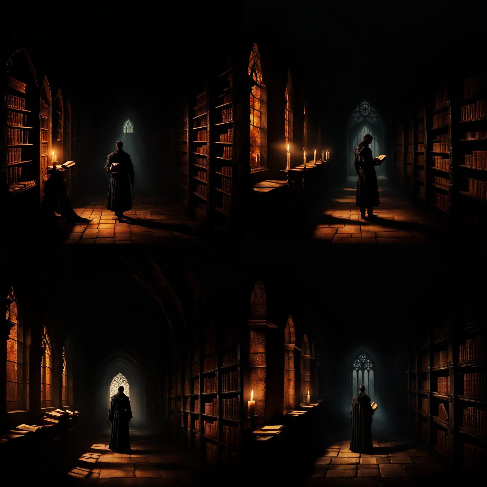 Mysterious Figure Reading in Gothic Library