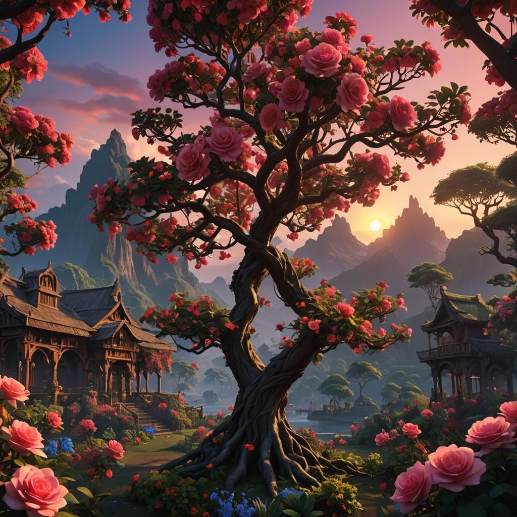 Tahiti Sunrise Rose Tree: Detailed Matte Painting