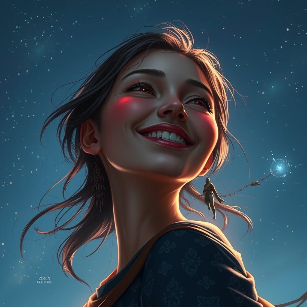 Smiling Woman in Starry Sky: Fantasy Concept Art