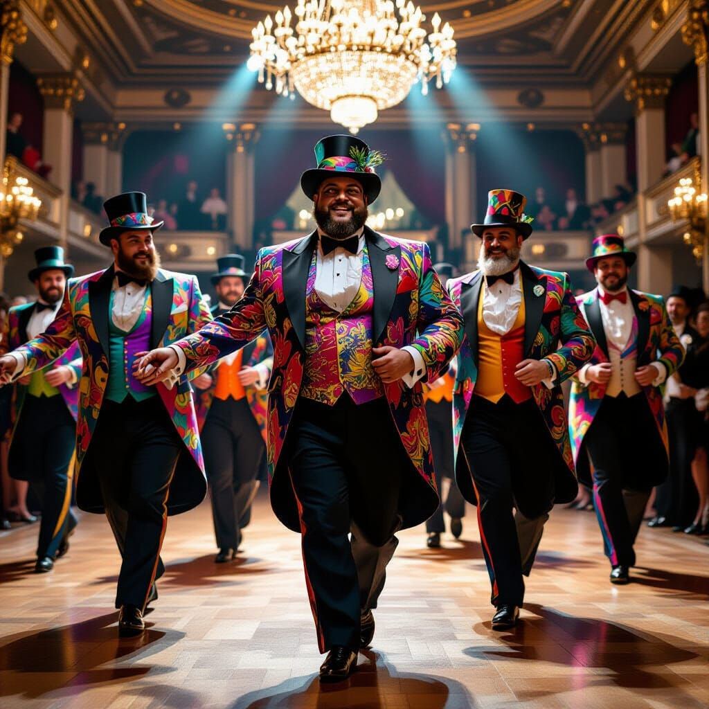 Gay Men Waltzing in Colorful Suits in Grand Ballroom