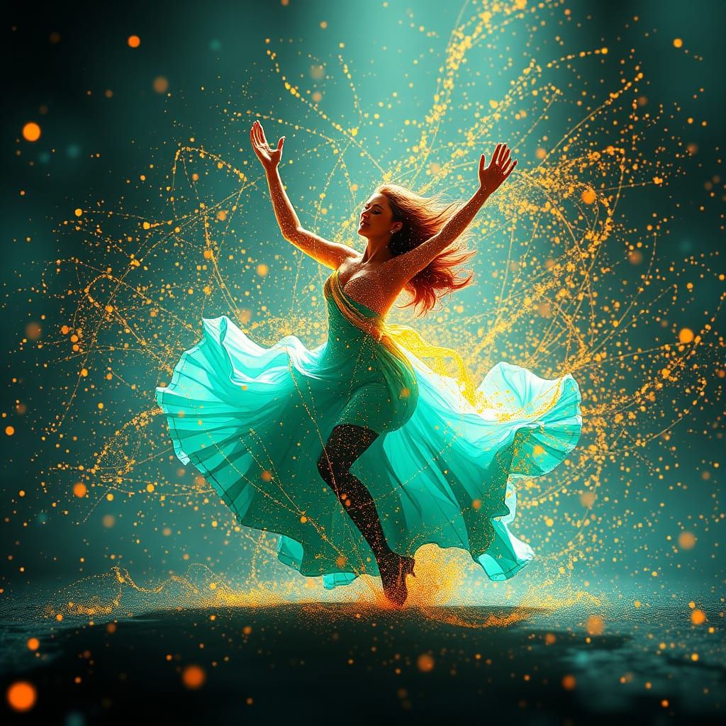 Luminous Turquoise and Golden Sparkles in Vibrant Art