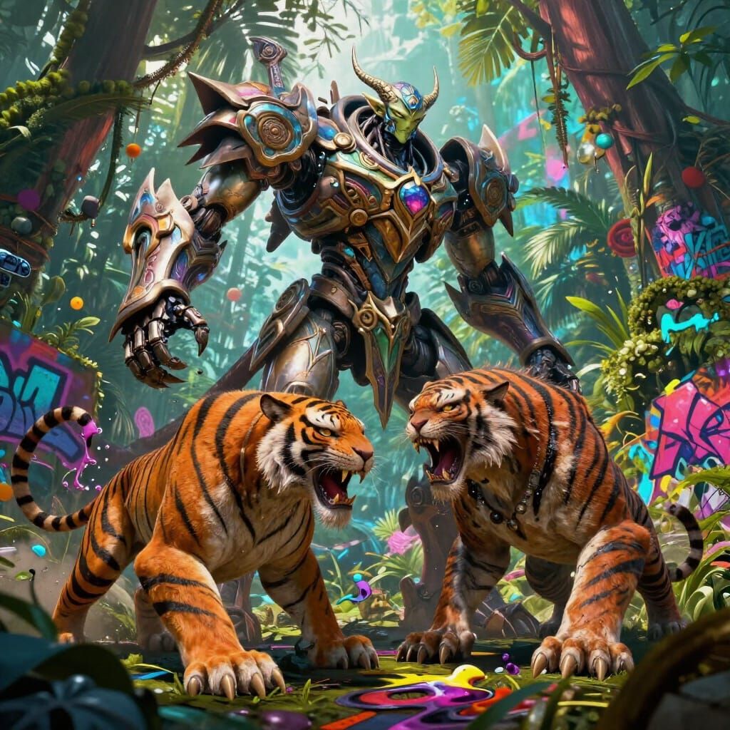 Elf Mecha Battles Alien Beast in Vibrant Jungle