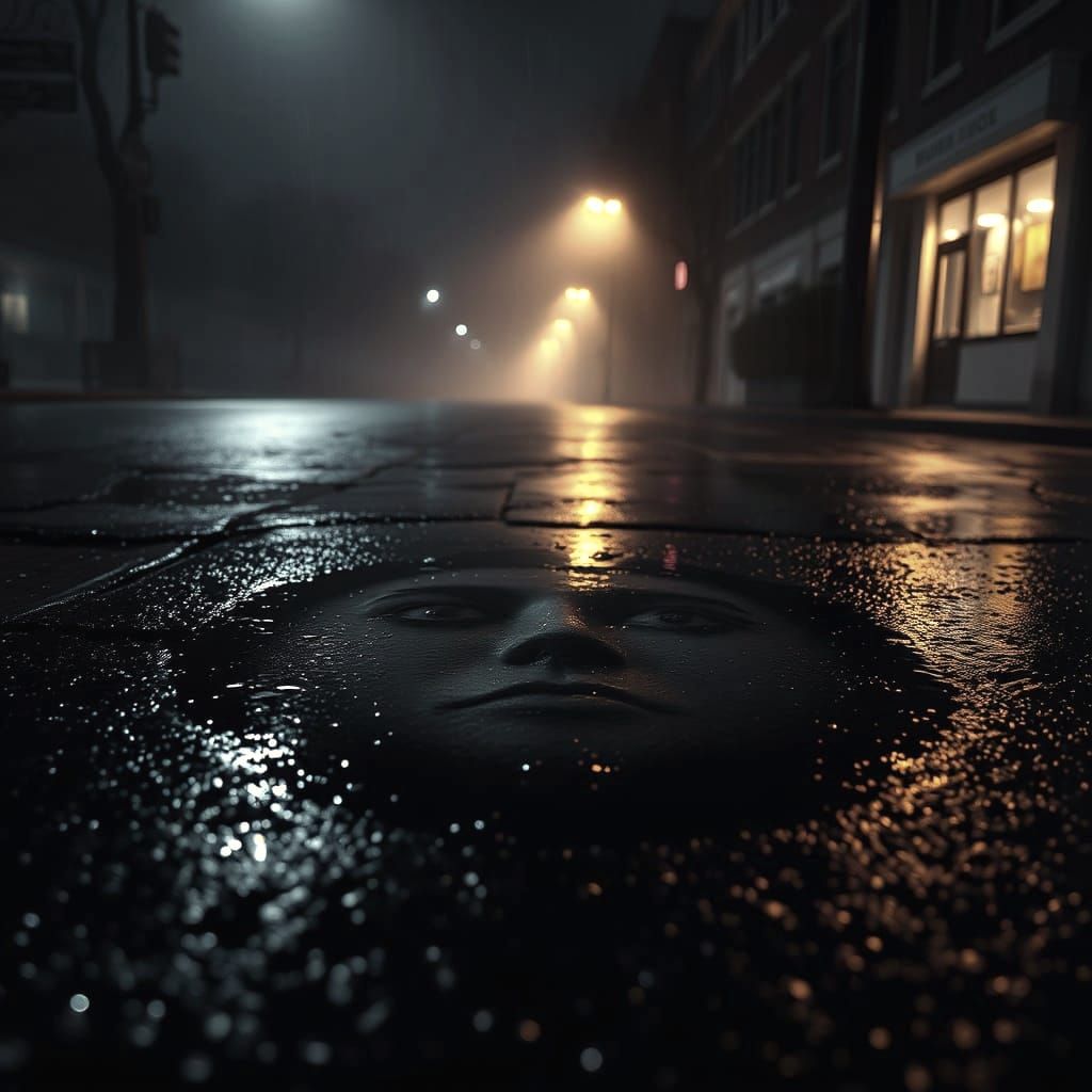 Ethereal Face Emerges from Rainy Puddle in Dark Fantasy Styl...