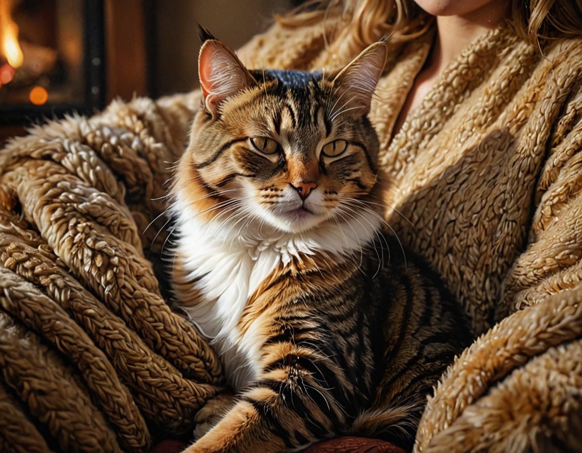 Fireside Portrait: Woman and Cat in Oil Painting Style