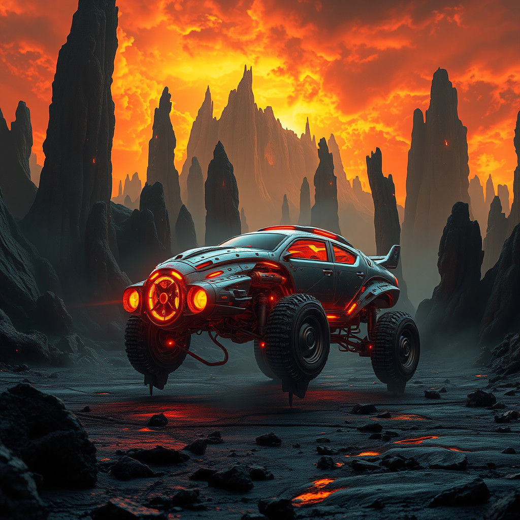 Walking Car in Hellish Landscape as Fantasy Concept Art