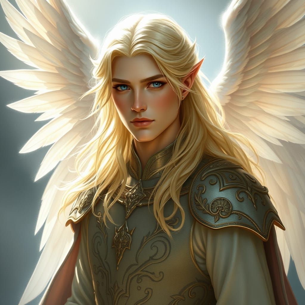 Ethereal Elven King Demigod with Angelic Wings and Radiant A...