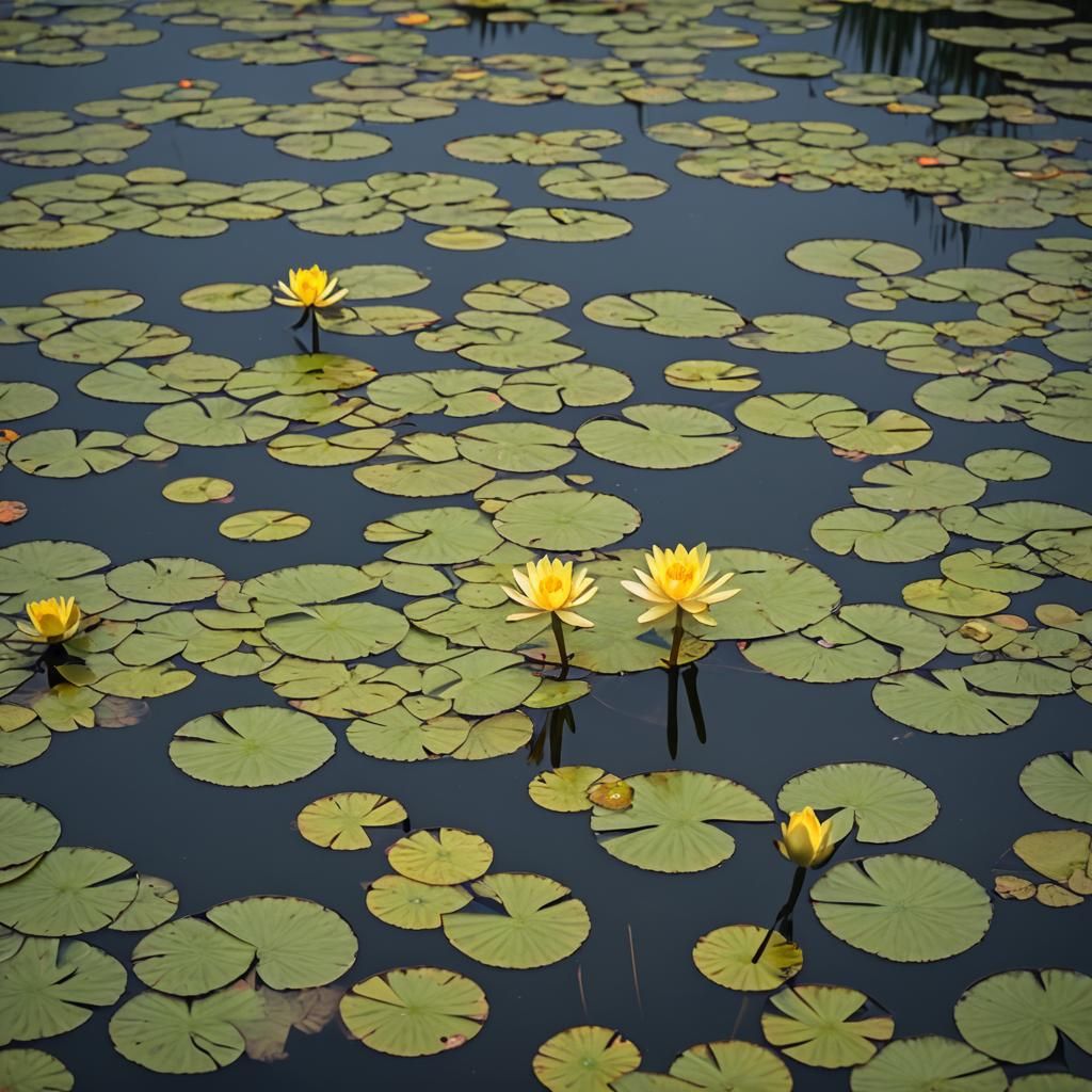 Yellow Water Lilies in Dark Lake: Natural Light Photography