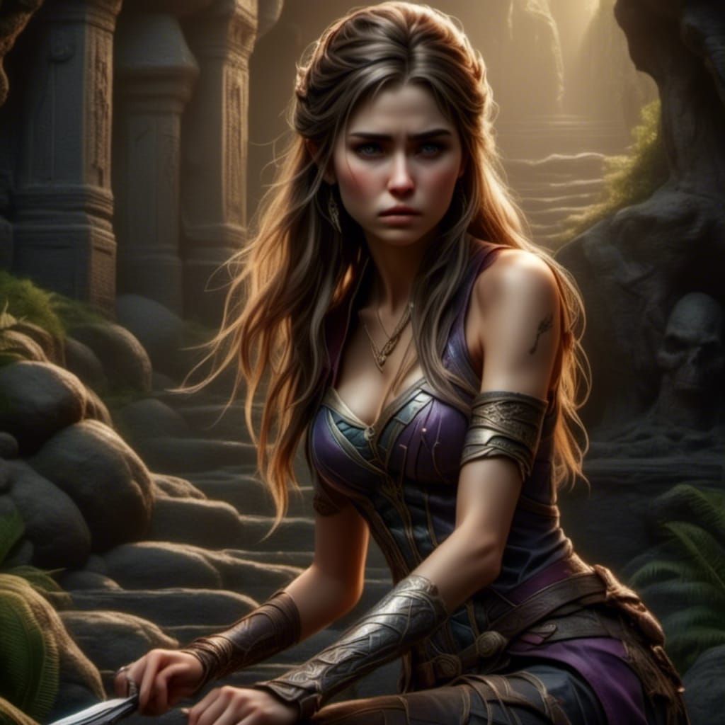 Photorealistic Woman Sneaking Through Dark Cave