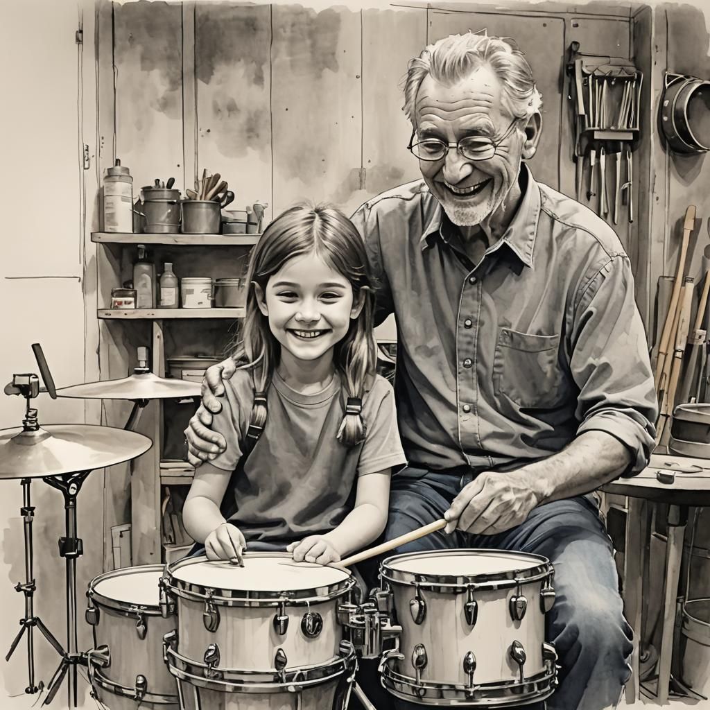 Heartwarming Sketch of Grandfather and Granddaughter Drummin...