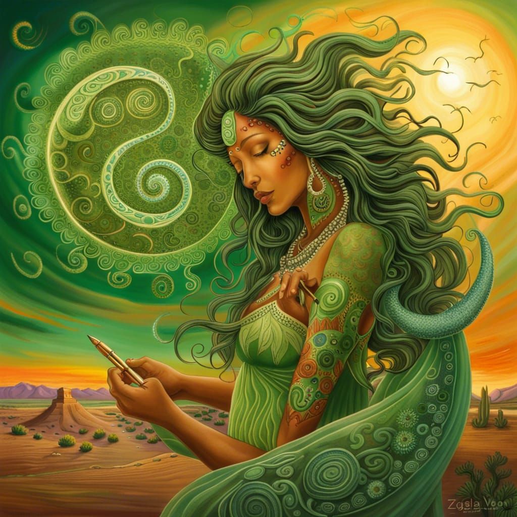 Octopus Goddess Writes in Desert Sunset Sky