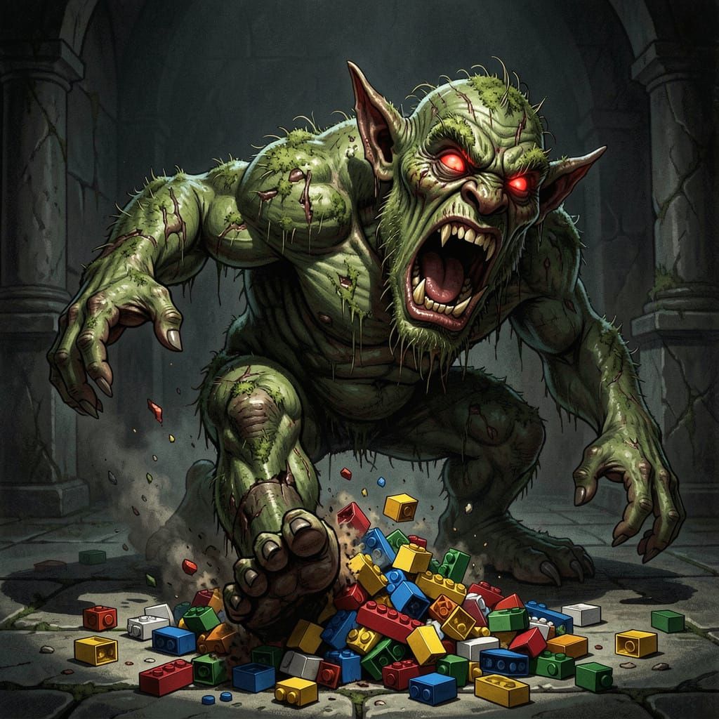 Troll in Agony Crushing Lego Bricks