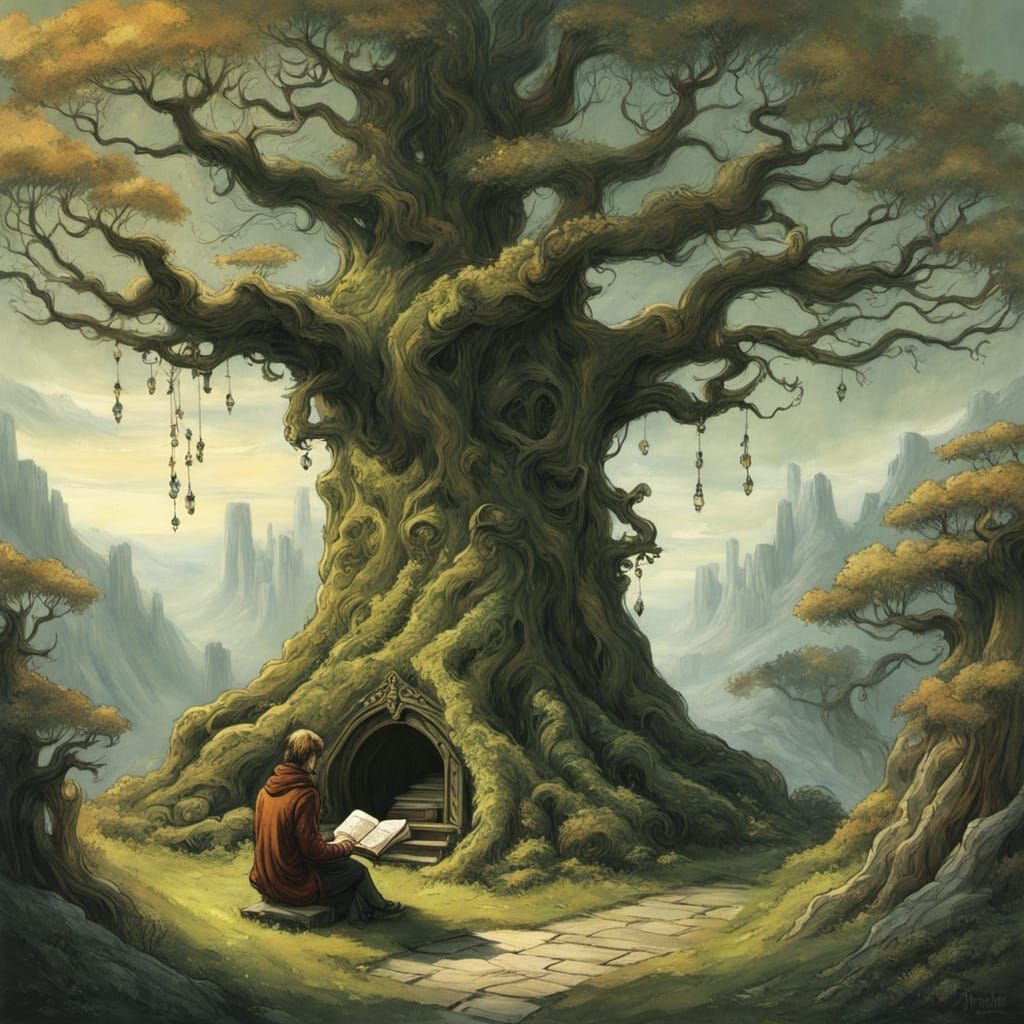 Cozy Reading Nook in Ancient Tree, Gouache Style