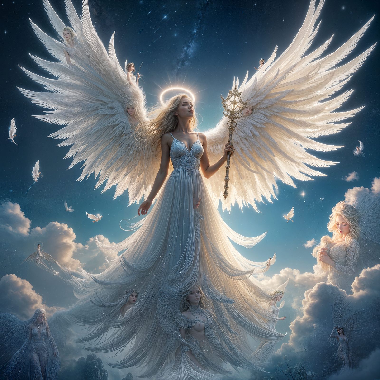 Ethereal Angel Woman with Feathery Wings and Halo in a Mysti...
