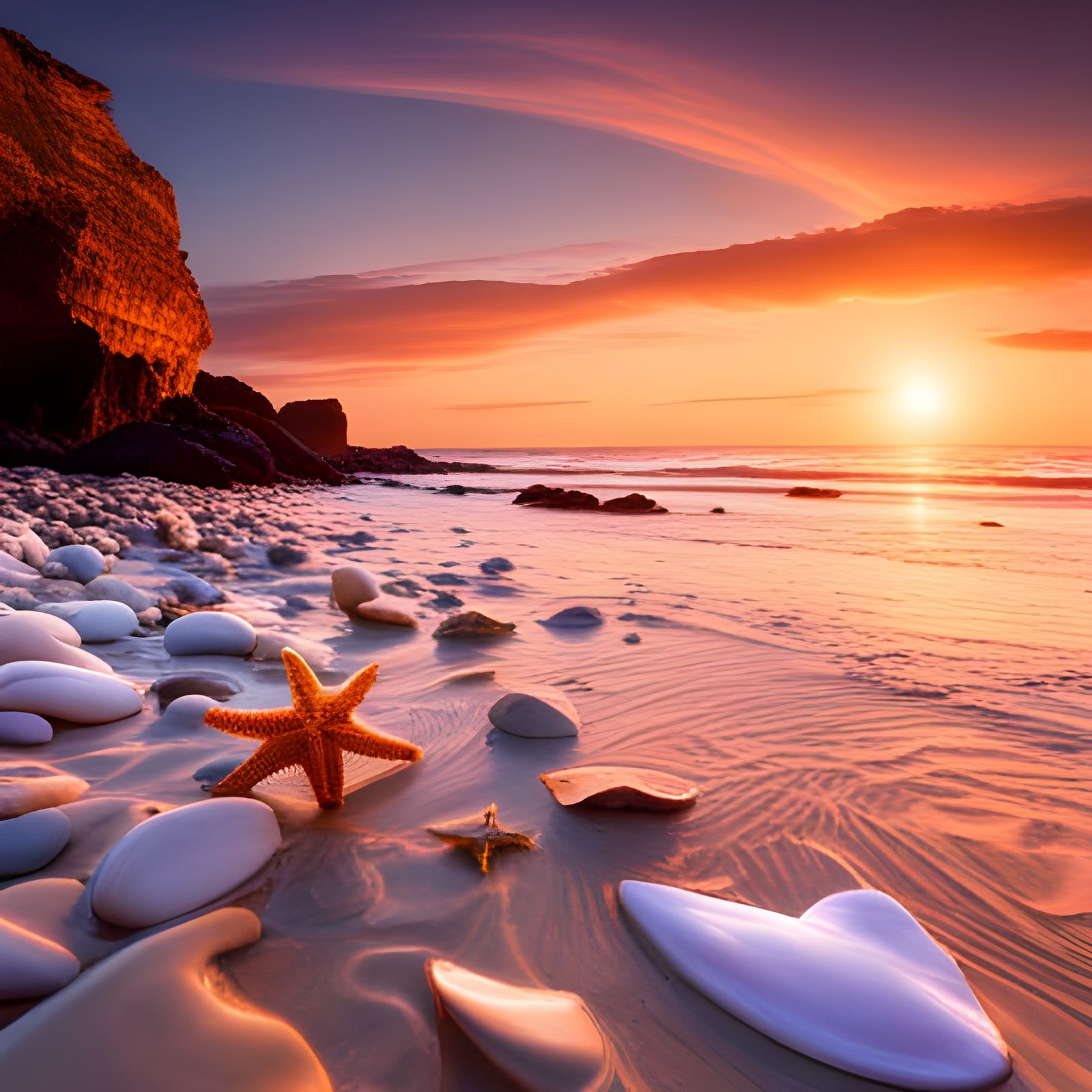 Hyperrealistic Beach Sunset with Shark Fin