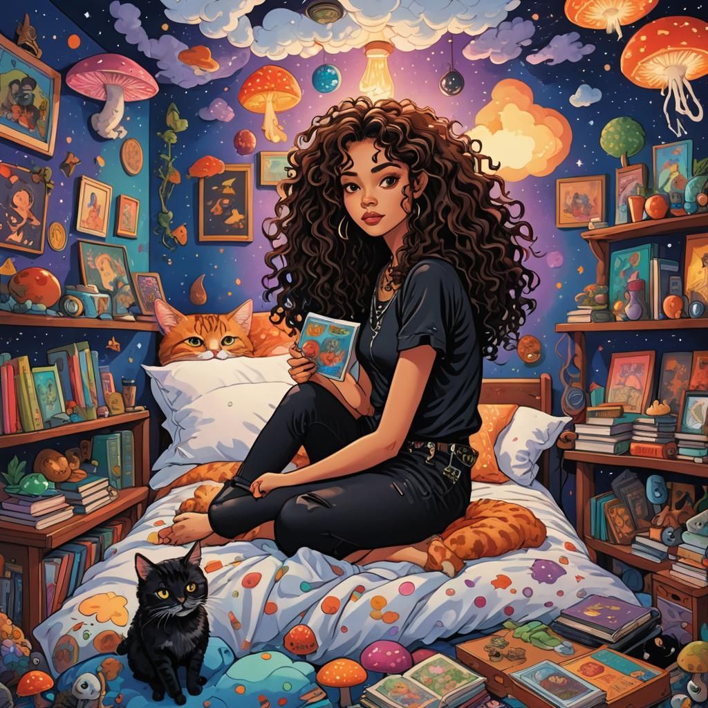 Vibrant Cartoon Witch in Psychedelic Punk Bedroom