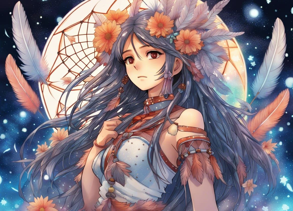Dreamcatcher in Starry Sky with Anime Girl