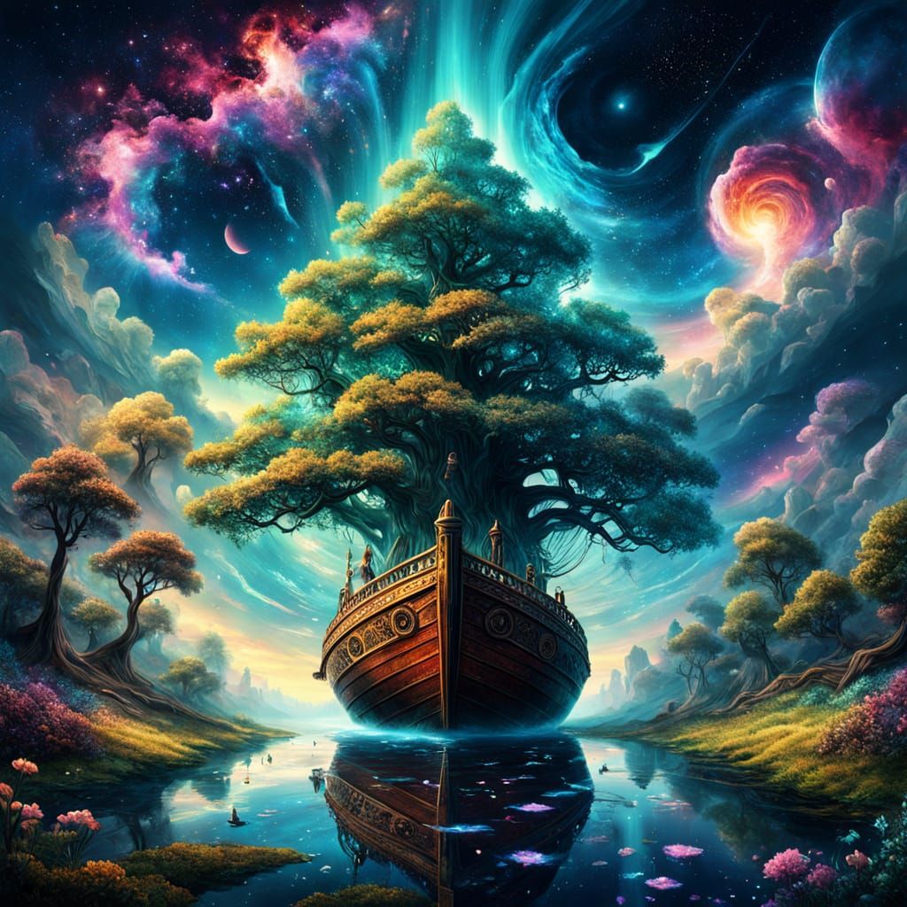 Cosmic Boat in Surreal Galaxy Garden