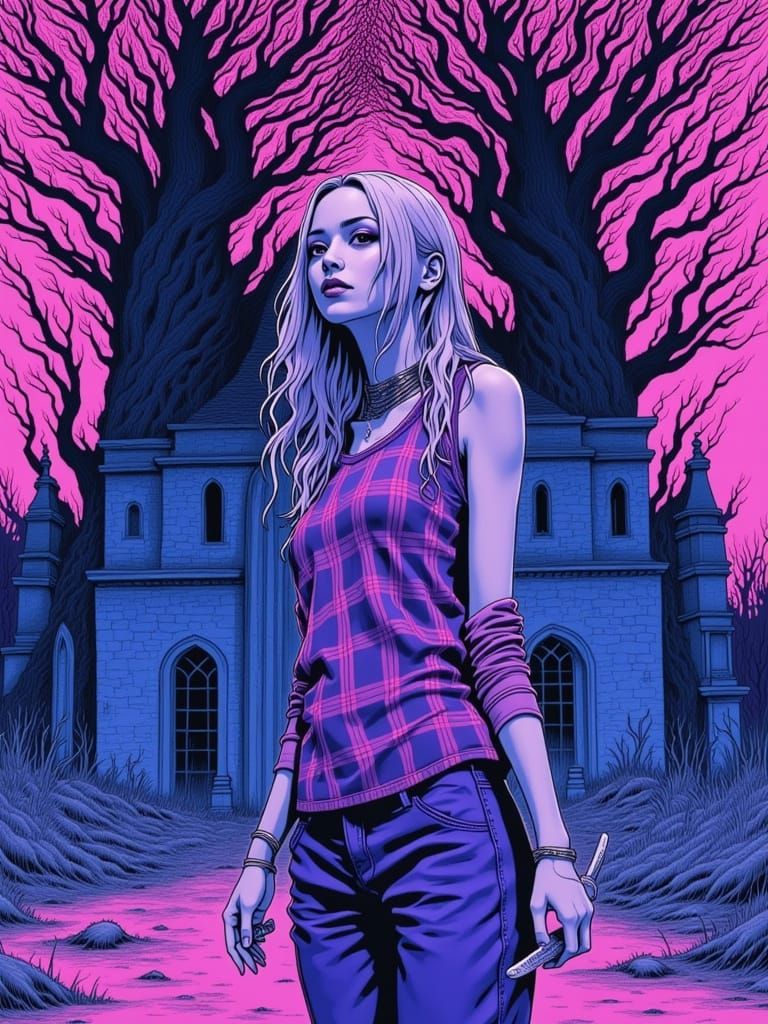 Eerie Woman with Razor in Junji Ito Manga Style