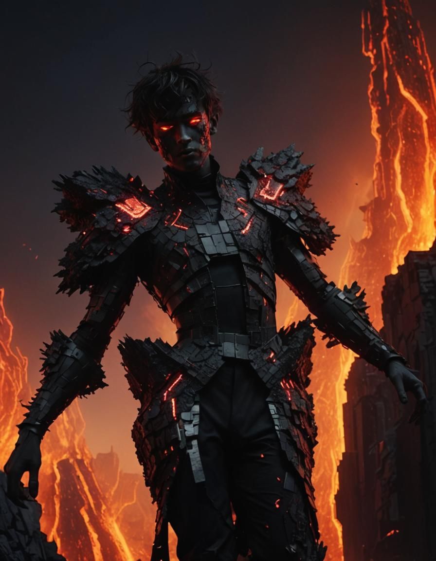 Lava Man in Pixelated City: a Neofuturist Portrait